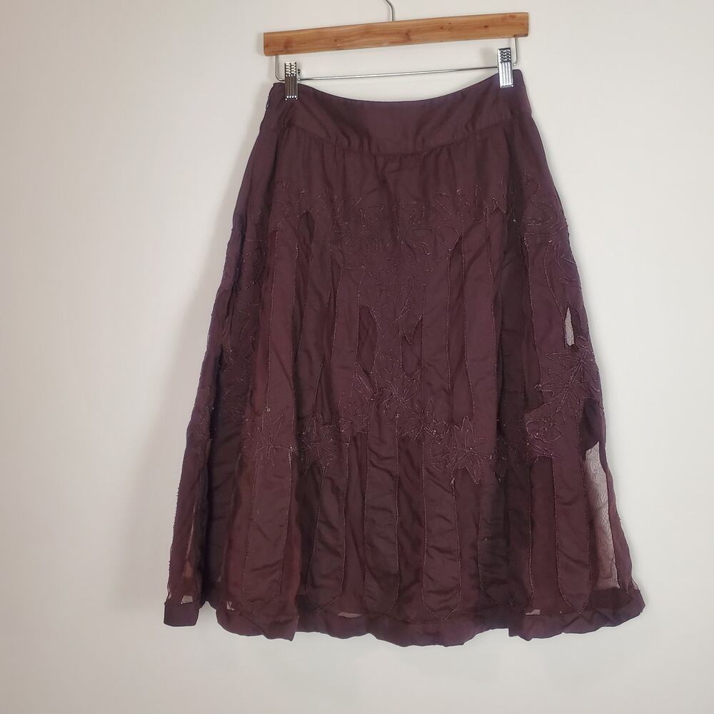 Anthropologie Ipsa Embroidered Tulle Midi Skirt Chocolate Brown 2 - Picture 5 of 11